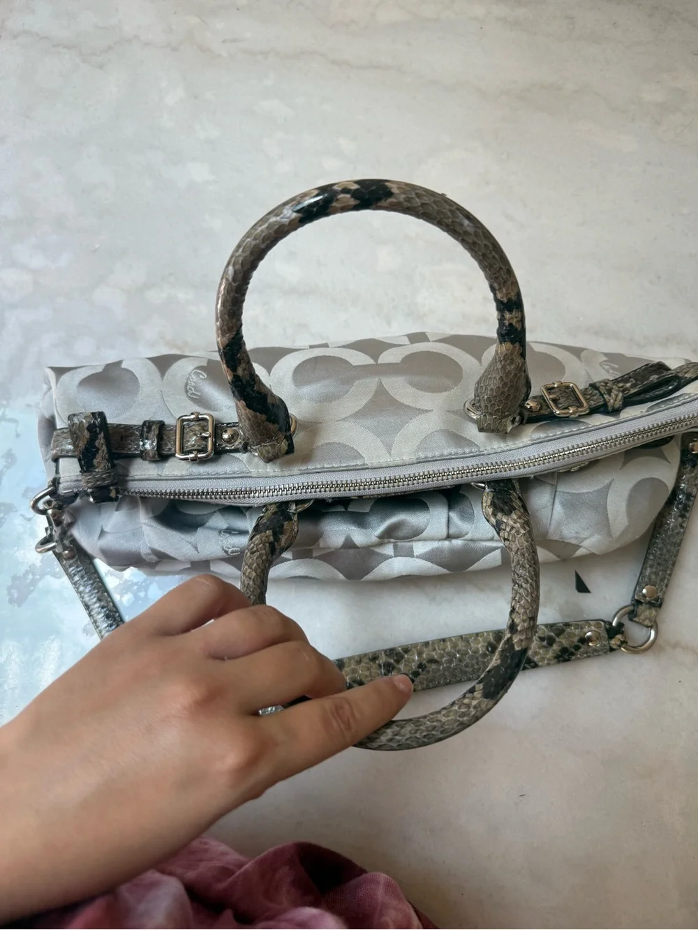 100% Authentic Coach Gray & Snake-Print Trim Satchel